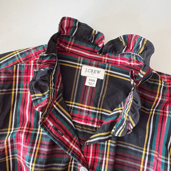 J. Crew Black Tartan Plaid Ruffle Neck Jewel Button Front Blouse Size XXS - Picture 3 of 5